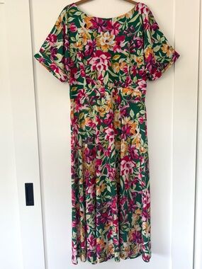 Green Floral Maxi Dress with Pink & Yellow Blooms L